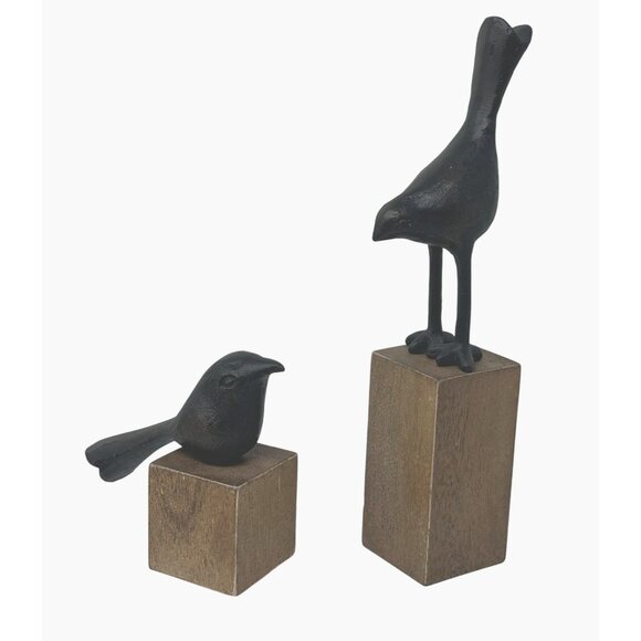 Pottery Barn Faux Cast Iron Bird Set on Wood Block Pedestal Rustic Farmhouse - Picture 1 of 14